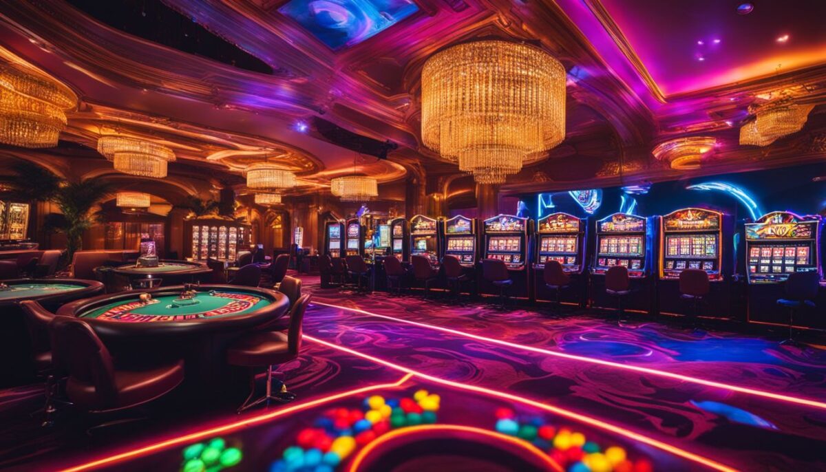 Une photo d'un jeu de casino en ligne coloré et vibrant avec des symboles de cryptomonnaie.
