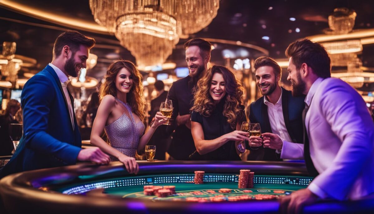 Un groupe de personnes diverses célébrant et échangeant des cryptomonnaies dans un casino futuriste.